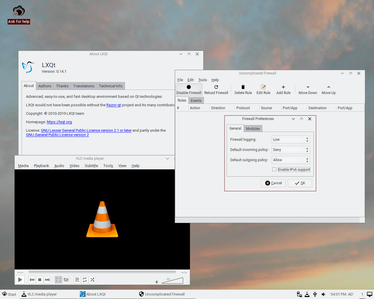 Redcore desktop screenshot: 1908 firewall