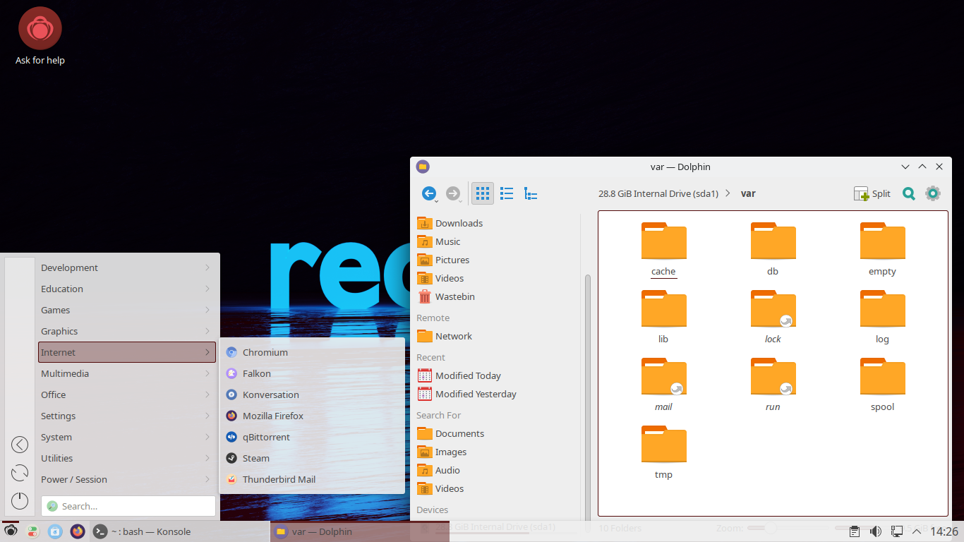 Redcore desktop screenshot: 2201 menu