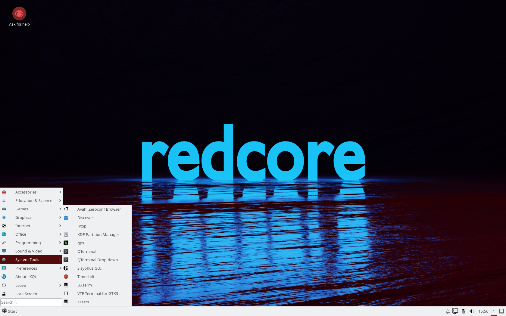 Redcore desktop screenshot: 2601 menu