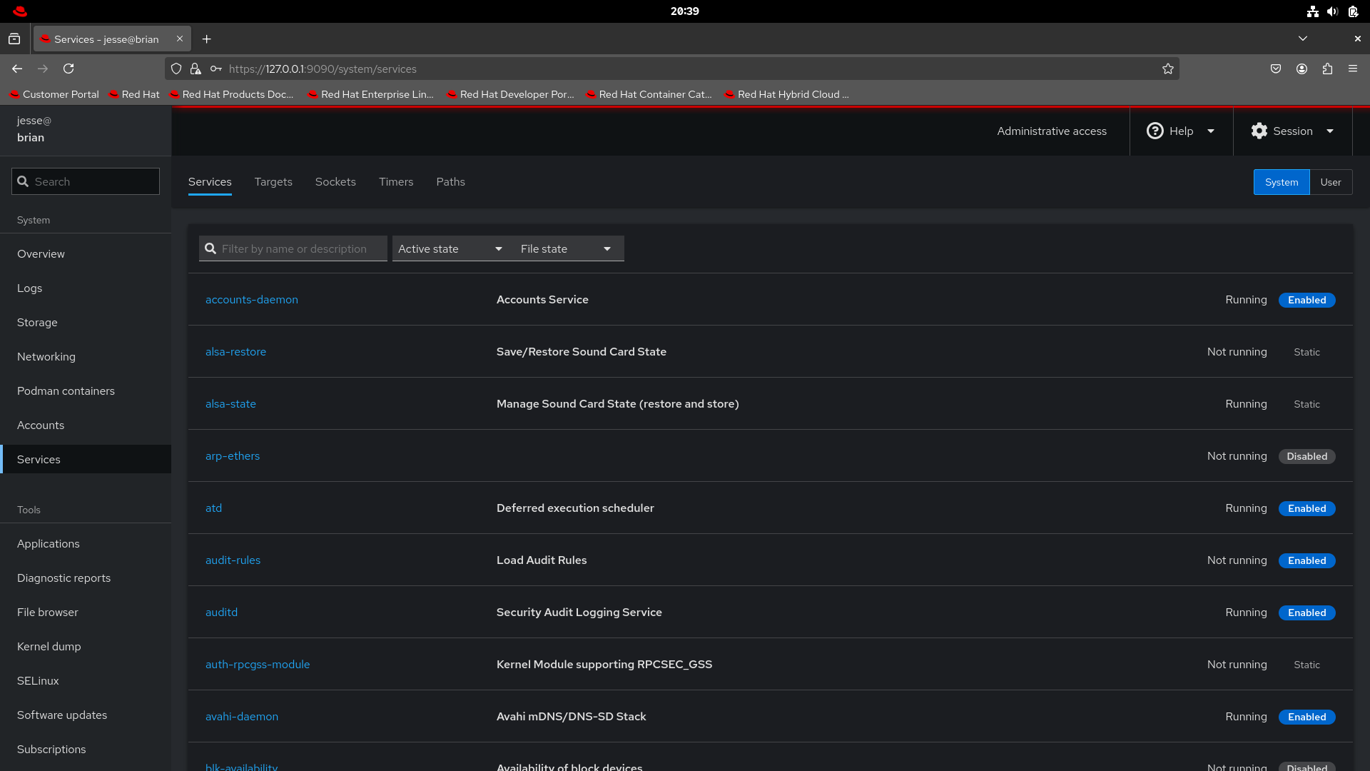 Red Hat desktop screenshot: 10.0 cockpit