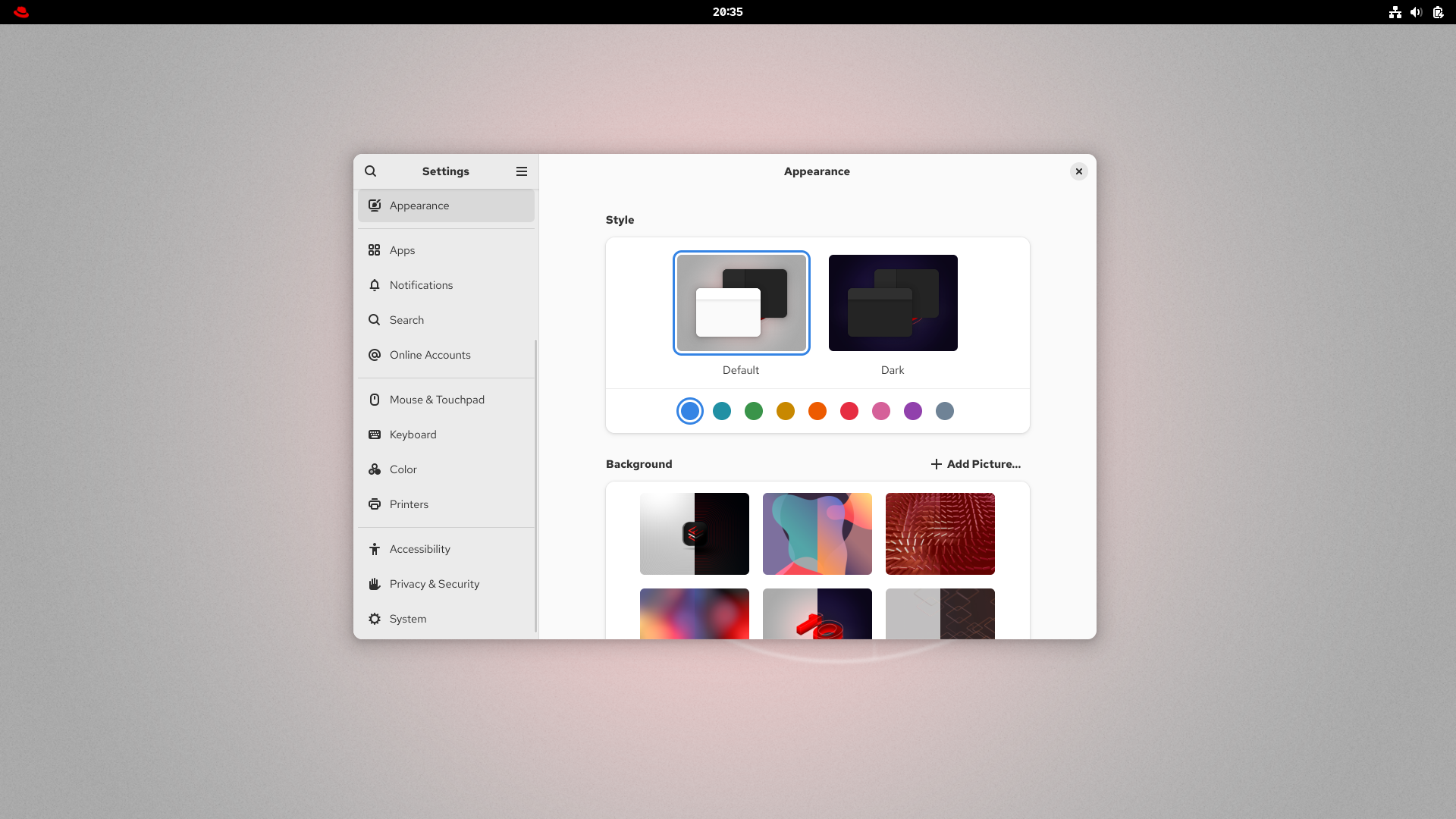 Red Hat desktop screenshot: 10.0 settings