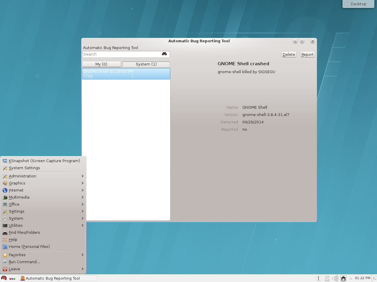 Red Hat desktop screenshot: 7 crash