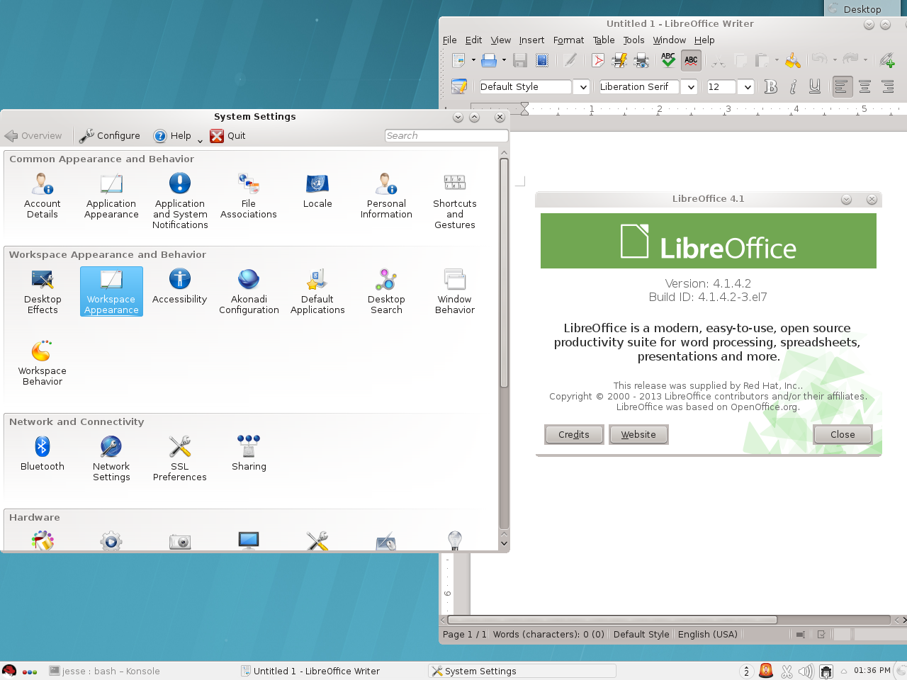 Red Hat desktop screenshot: 7 settings