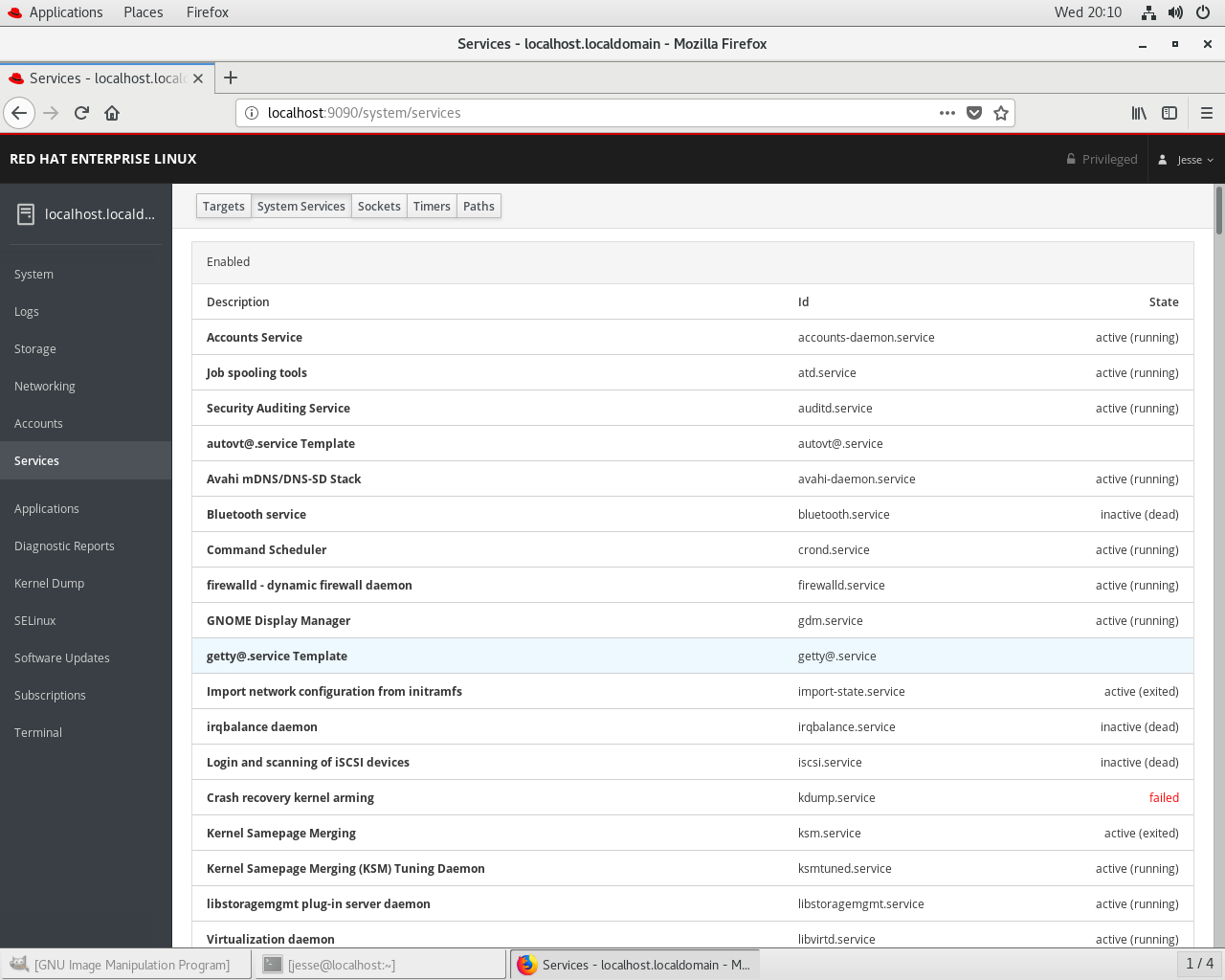 Red Hat desktop screenshot: rhel 8 cockpit