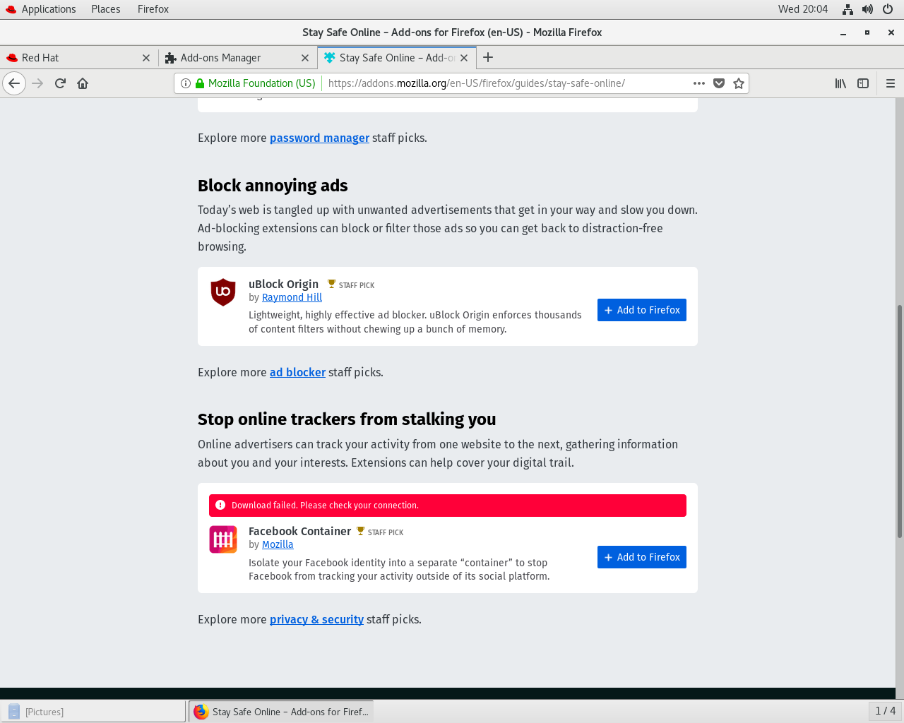 Red Hat desktop screenshot: rhel 8 firefox