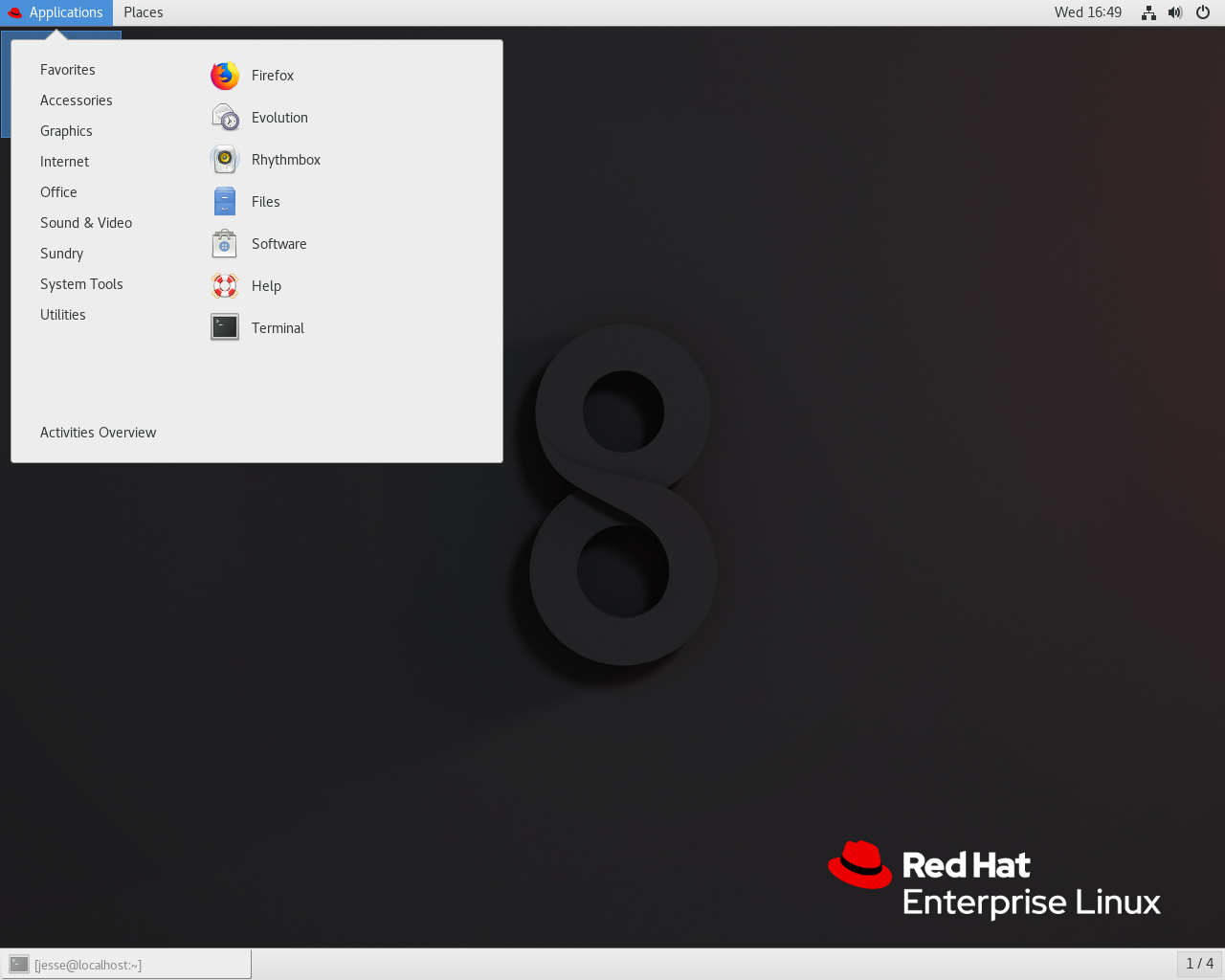 Red Hat desktop screenshot: rhel 8 menu