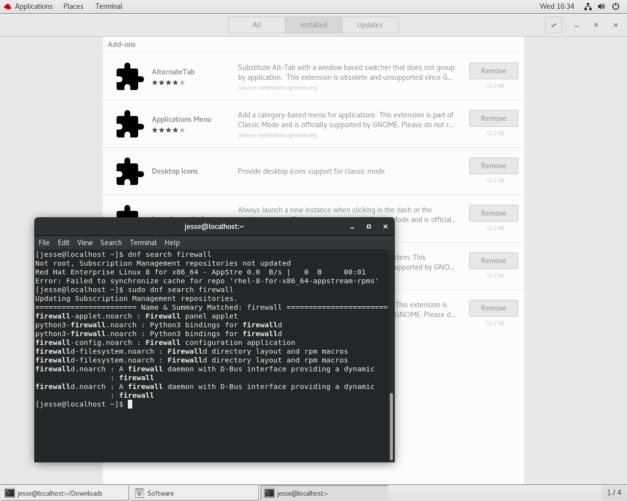 Red Hat desktop screenshot: rhel 8 searches