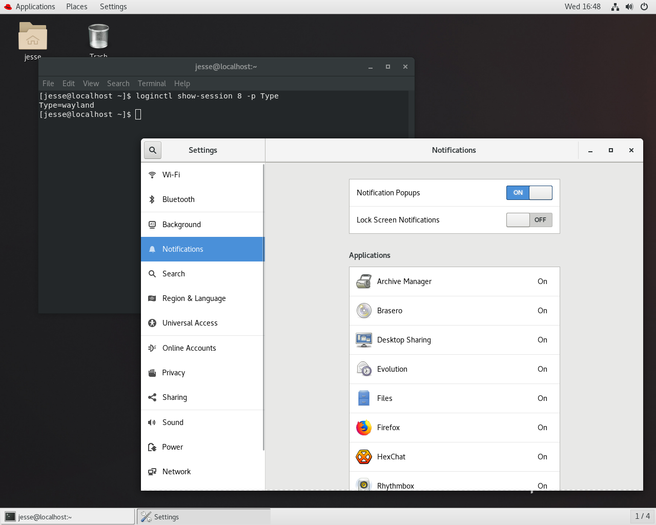 Red Hat desktop screenshot: rhel 8 settings