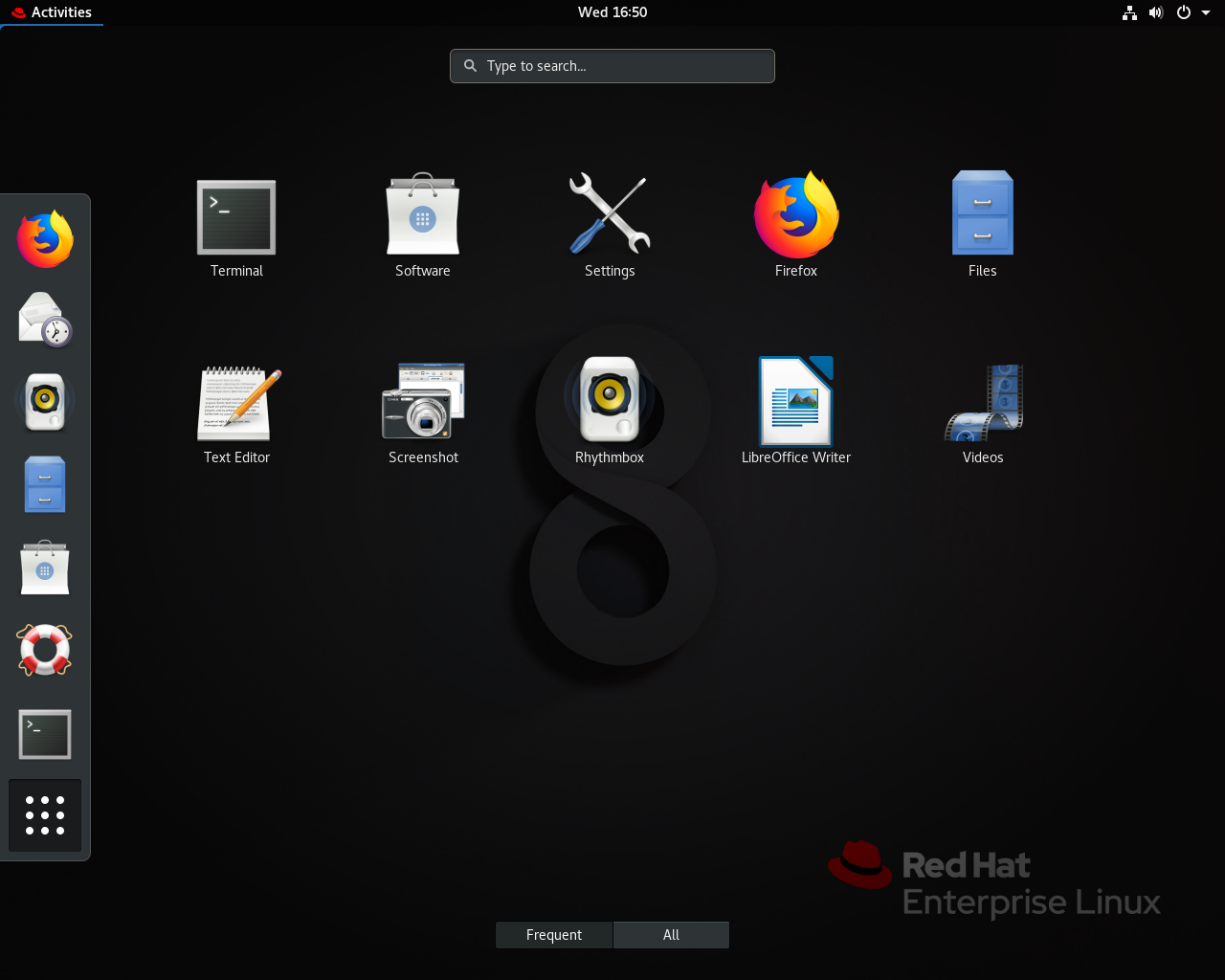 Red Hat desktop screenshot: rhel 8 shell