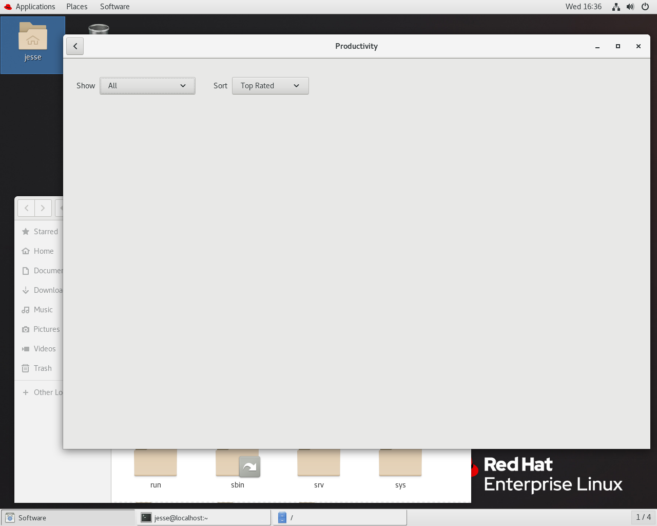 Red Hat desktop screenshot: rhel 8 software
