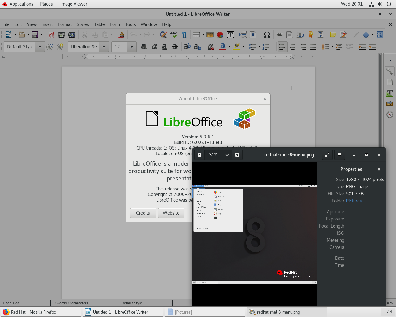 Red Hat desktop screenshot: rhel 8 themes