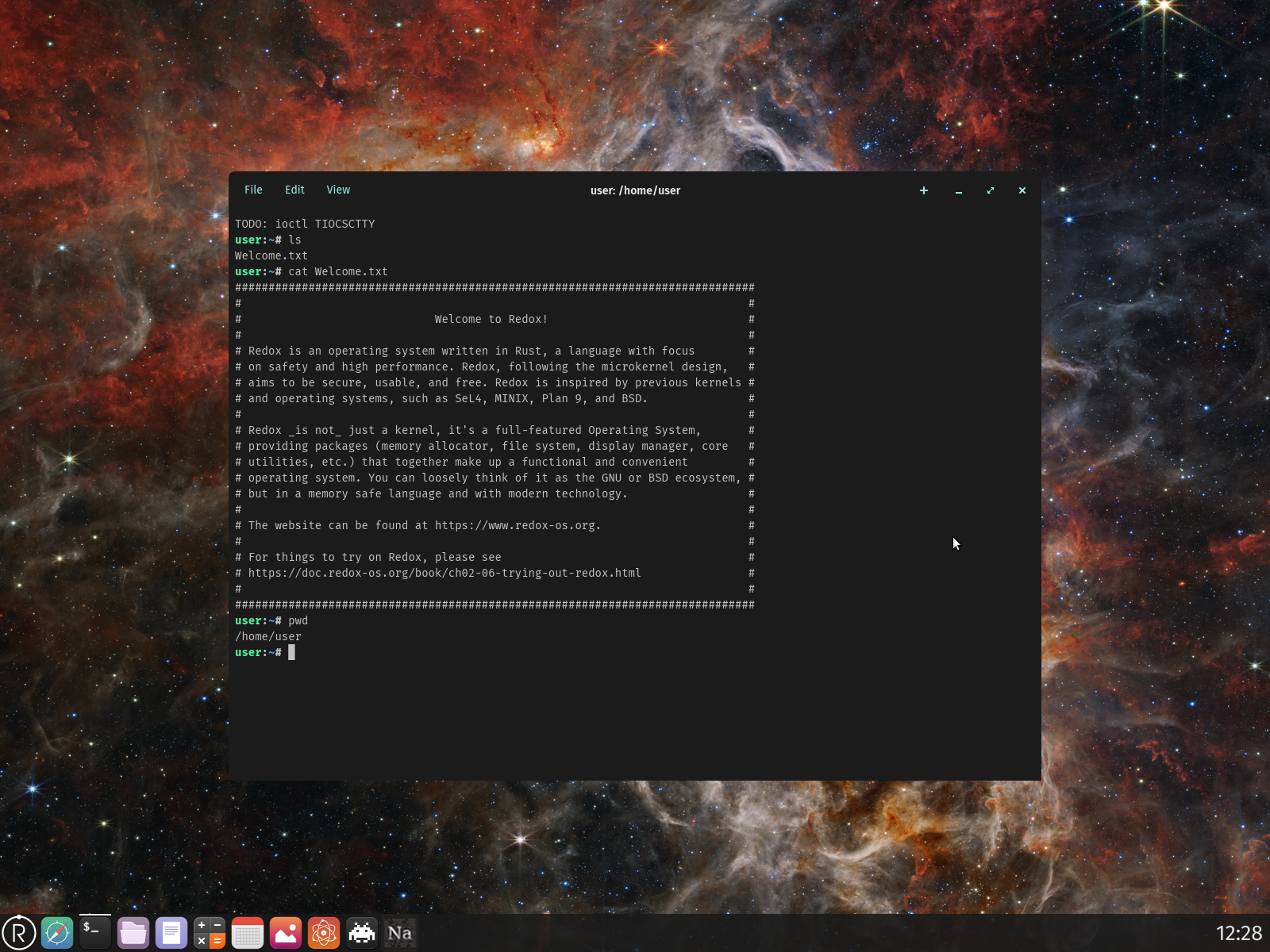 Redox desktop screenshot: 0.9.0 terminal