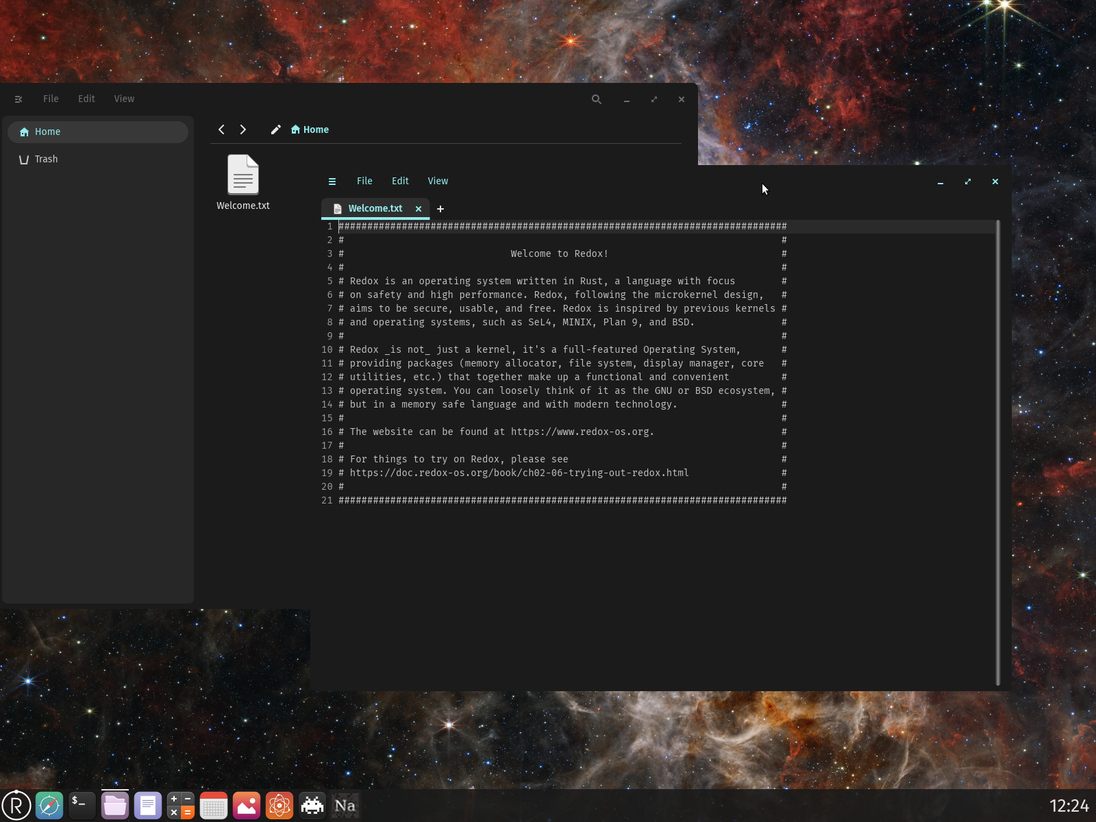 Redox desktop screenshot: 0.9.0 welcome