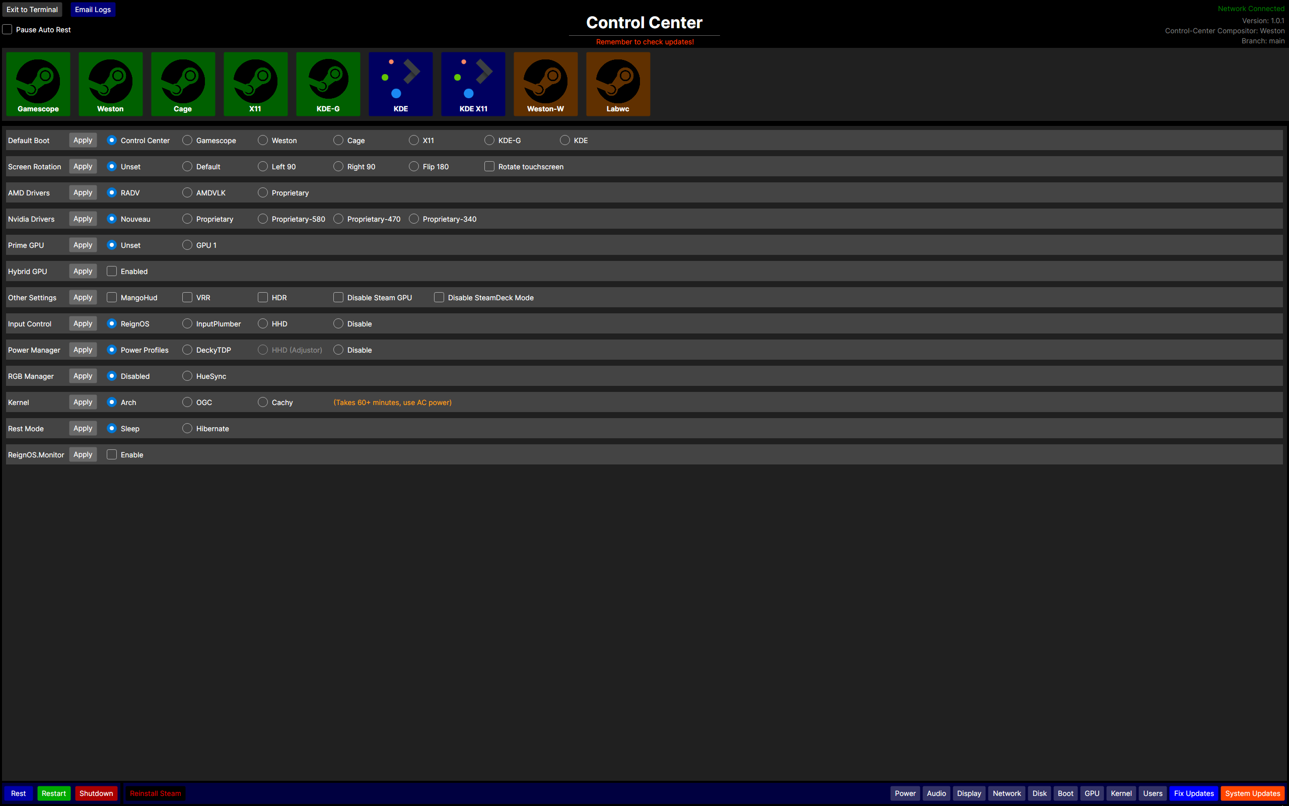 ReignOS desktop screenshot: 1.0.1 control center