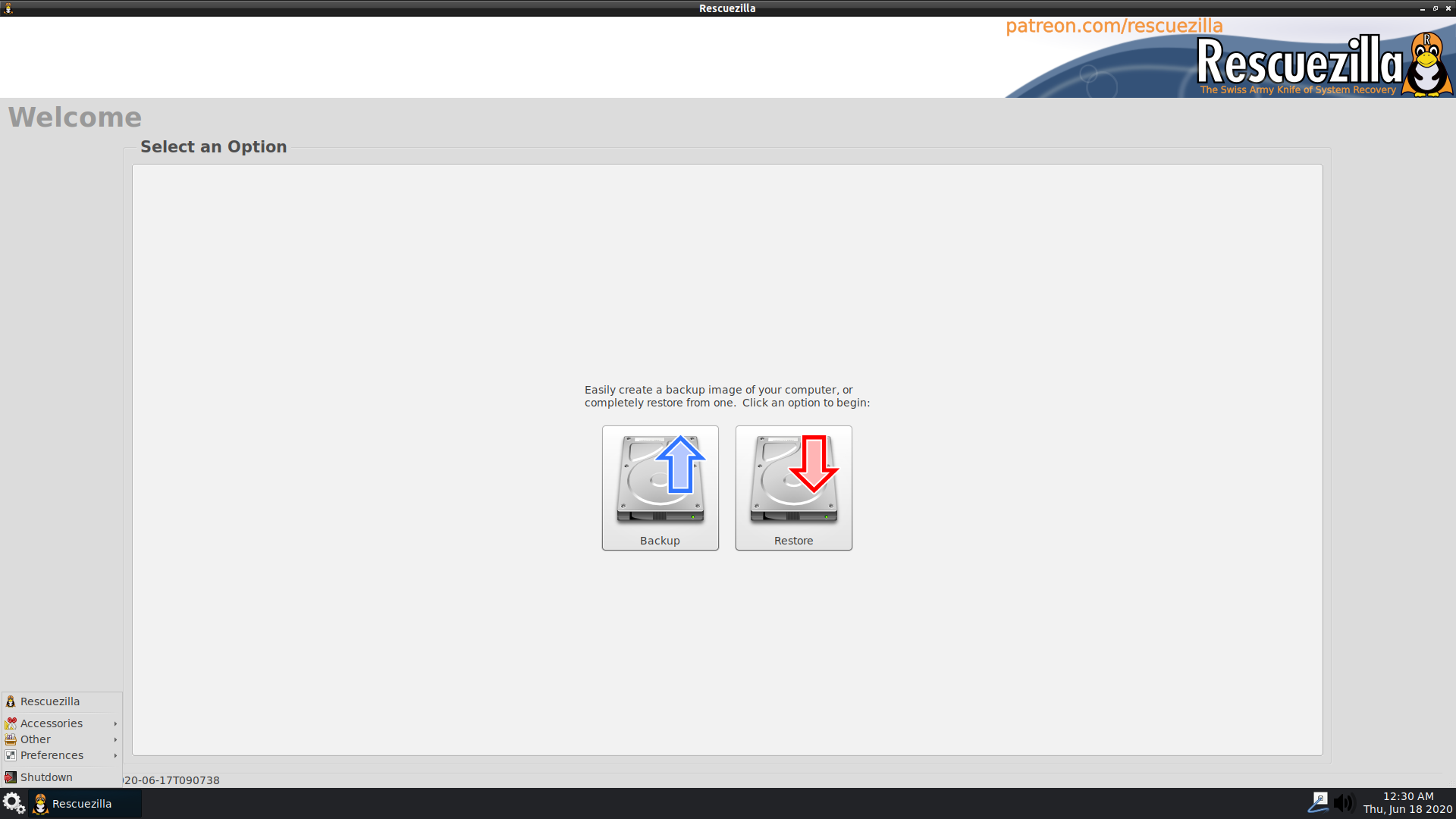 Rescuezilla desktop screenshot: 1.0.6