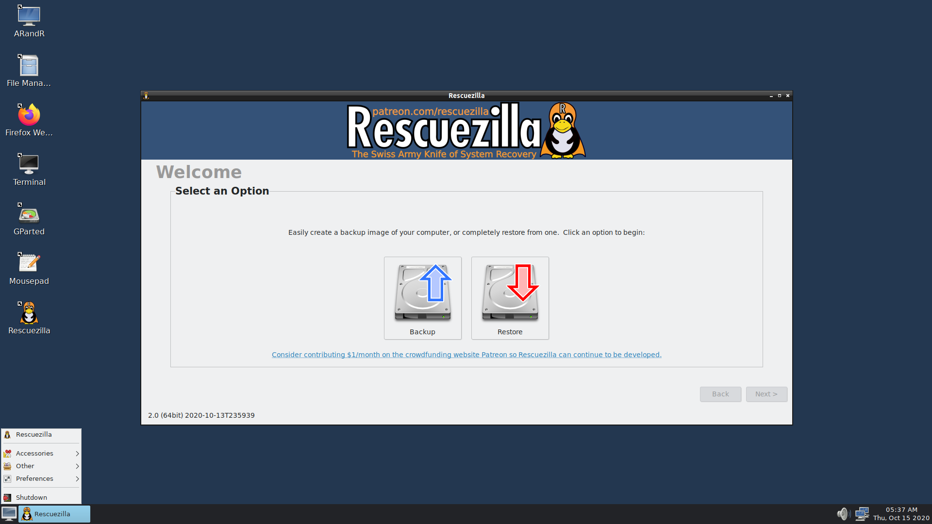 Rescuezilla desktop screenshot: 2.0