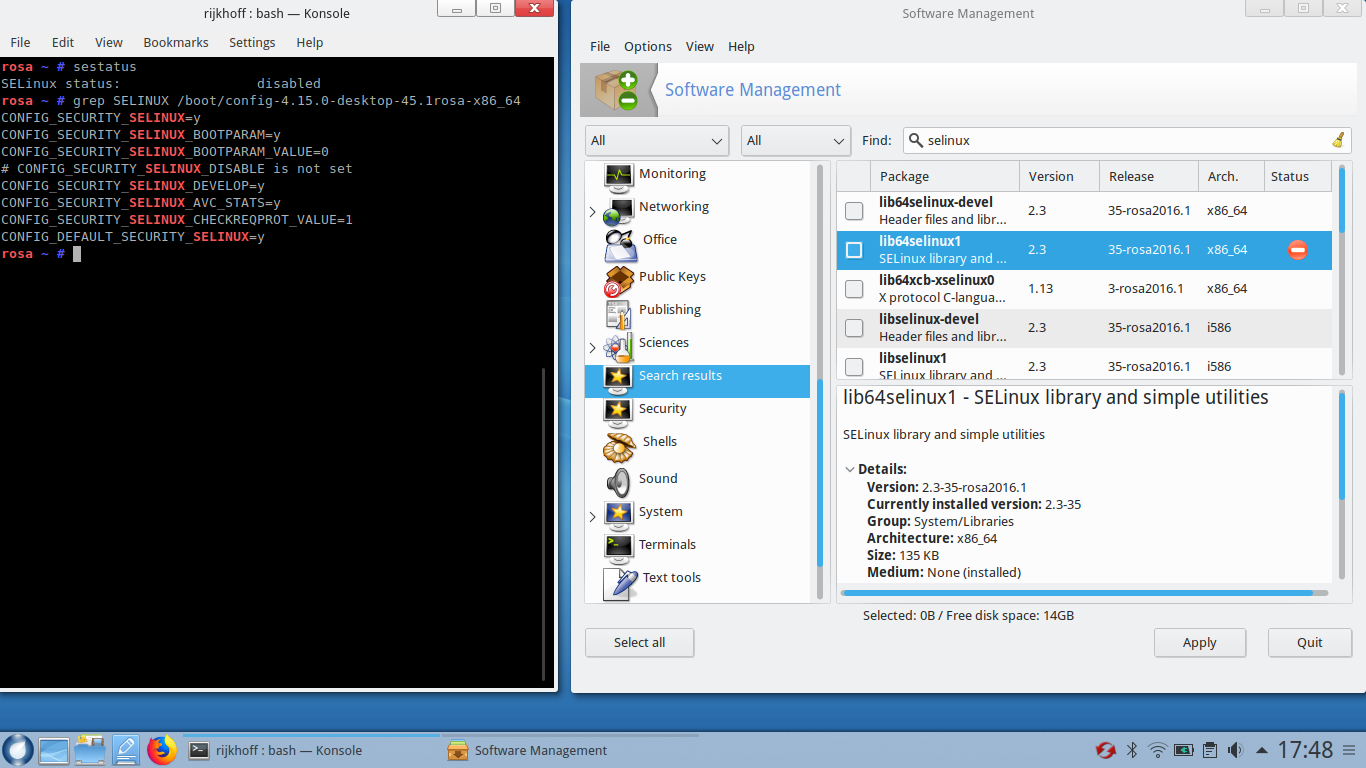 ROSA desktop screenshot: 11 selinux support