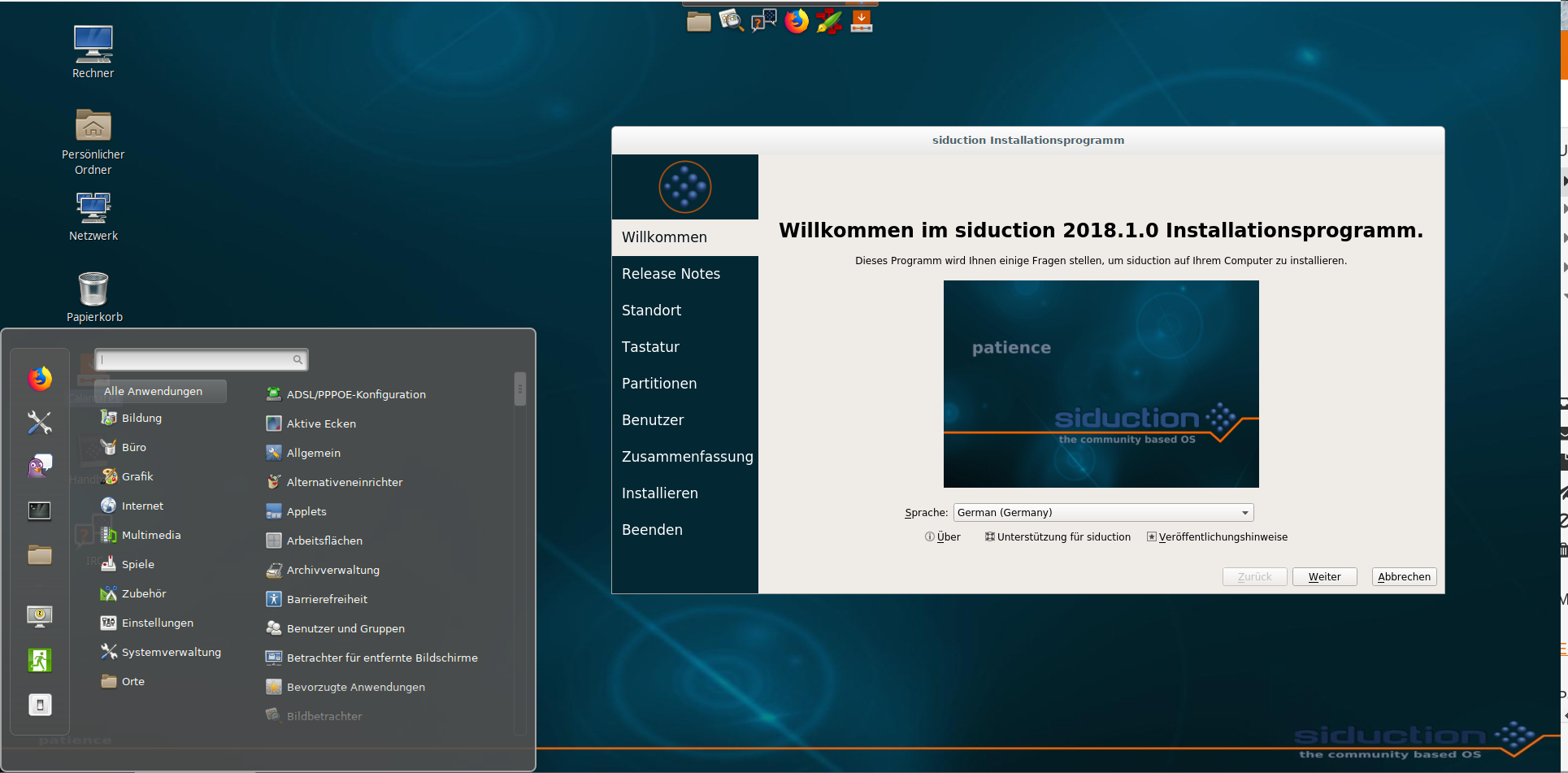 siduction desktop screenshot: 2018.1.0 cinnamon