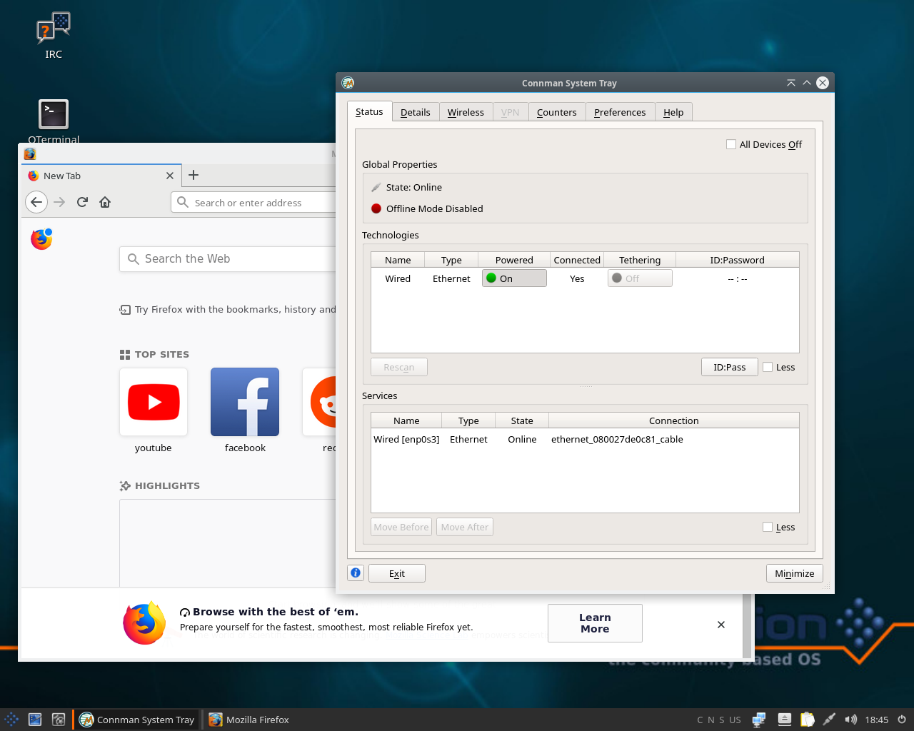 siduction desktop screenshot: 2018.1.0 connman