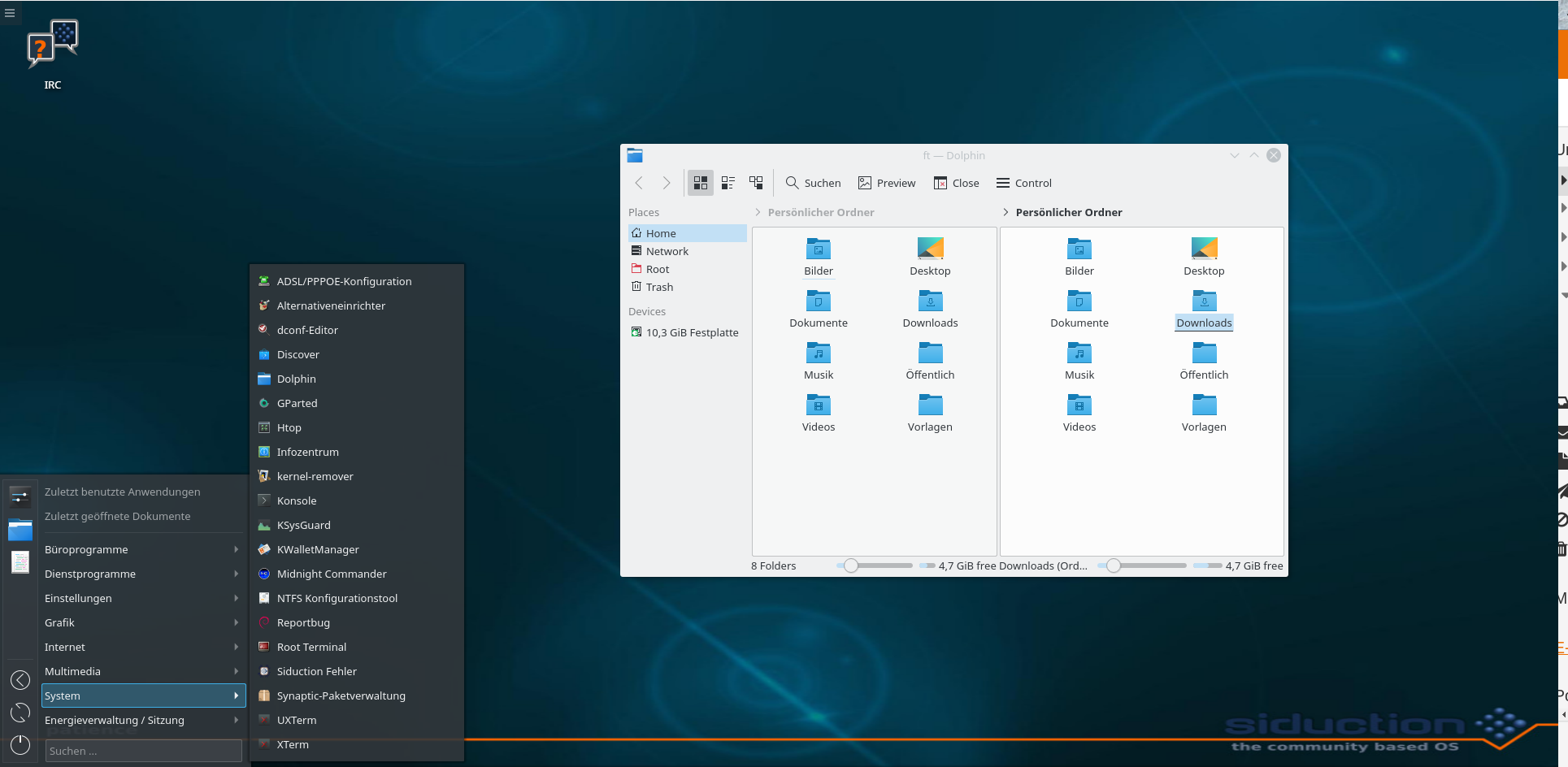 siduction desktop screenshot: 2018.1.0 plasma