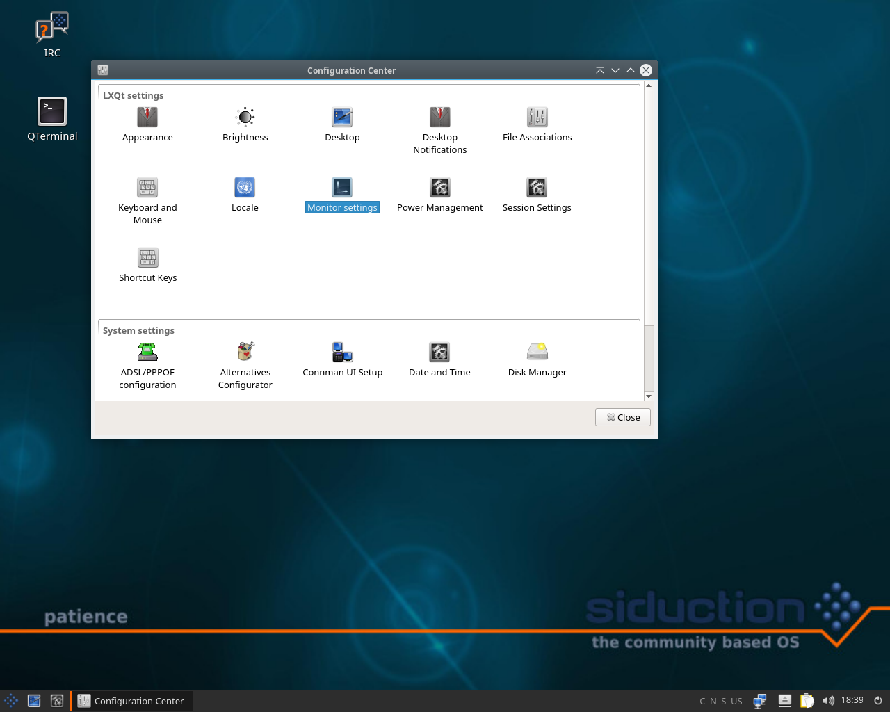siduction desktop screenshot: 2018.1.0 settings