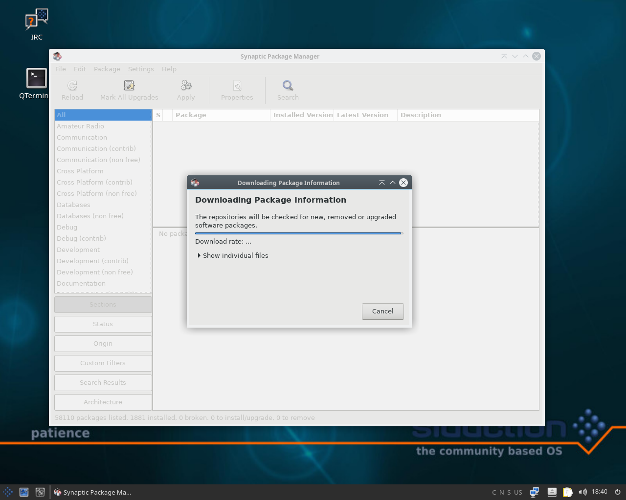siduction desktop screenshot: 2018.1.0 synaptic