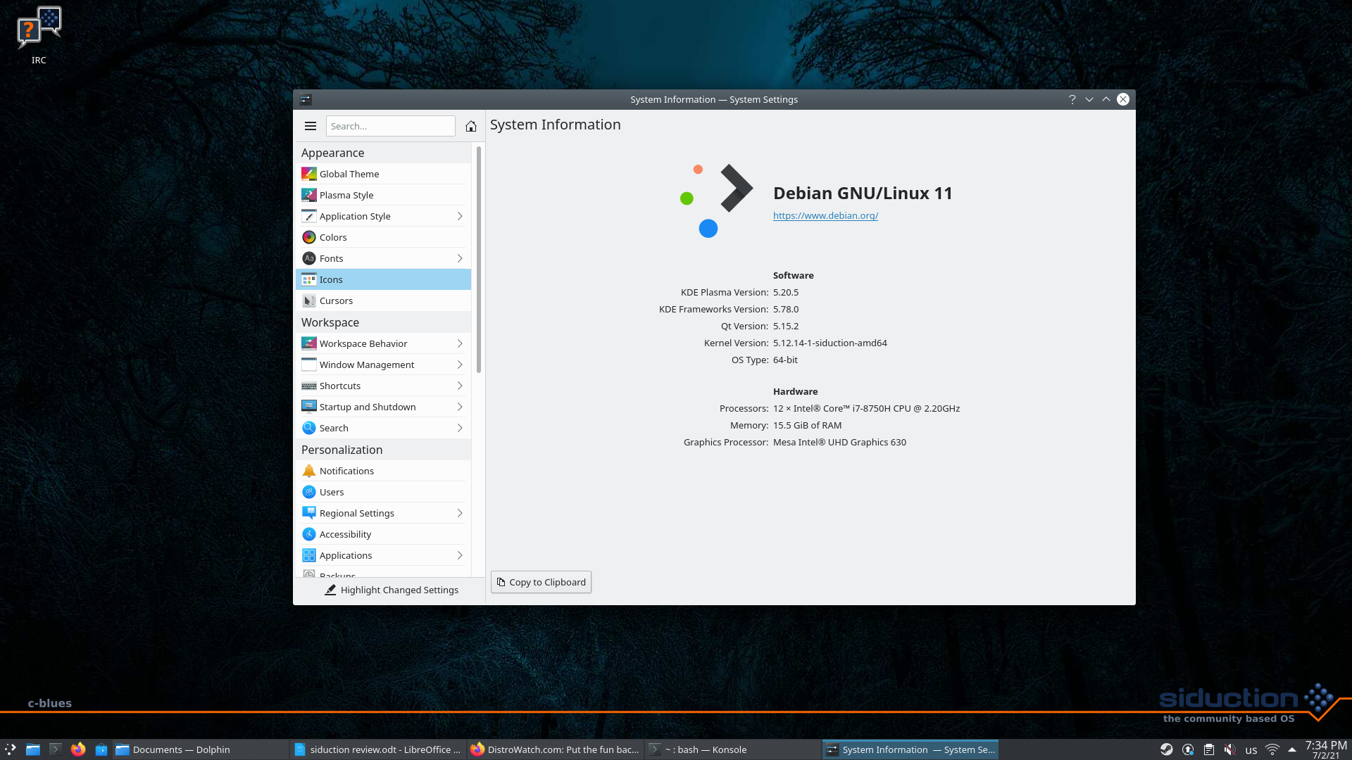 siduction desktop screenshot: 2021 settings