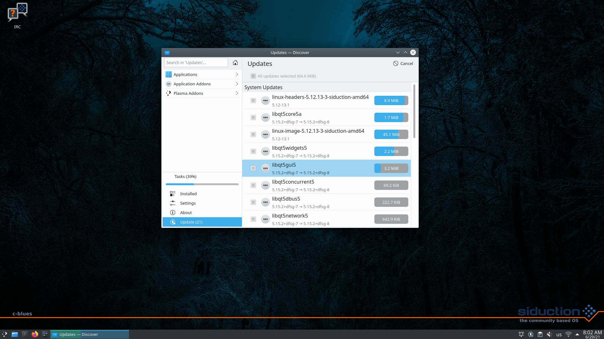 siduction desktop screenshot: 2021 updating through discover