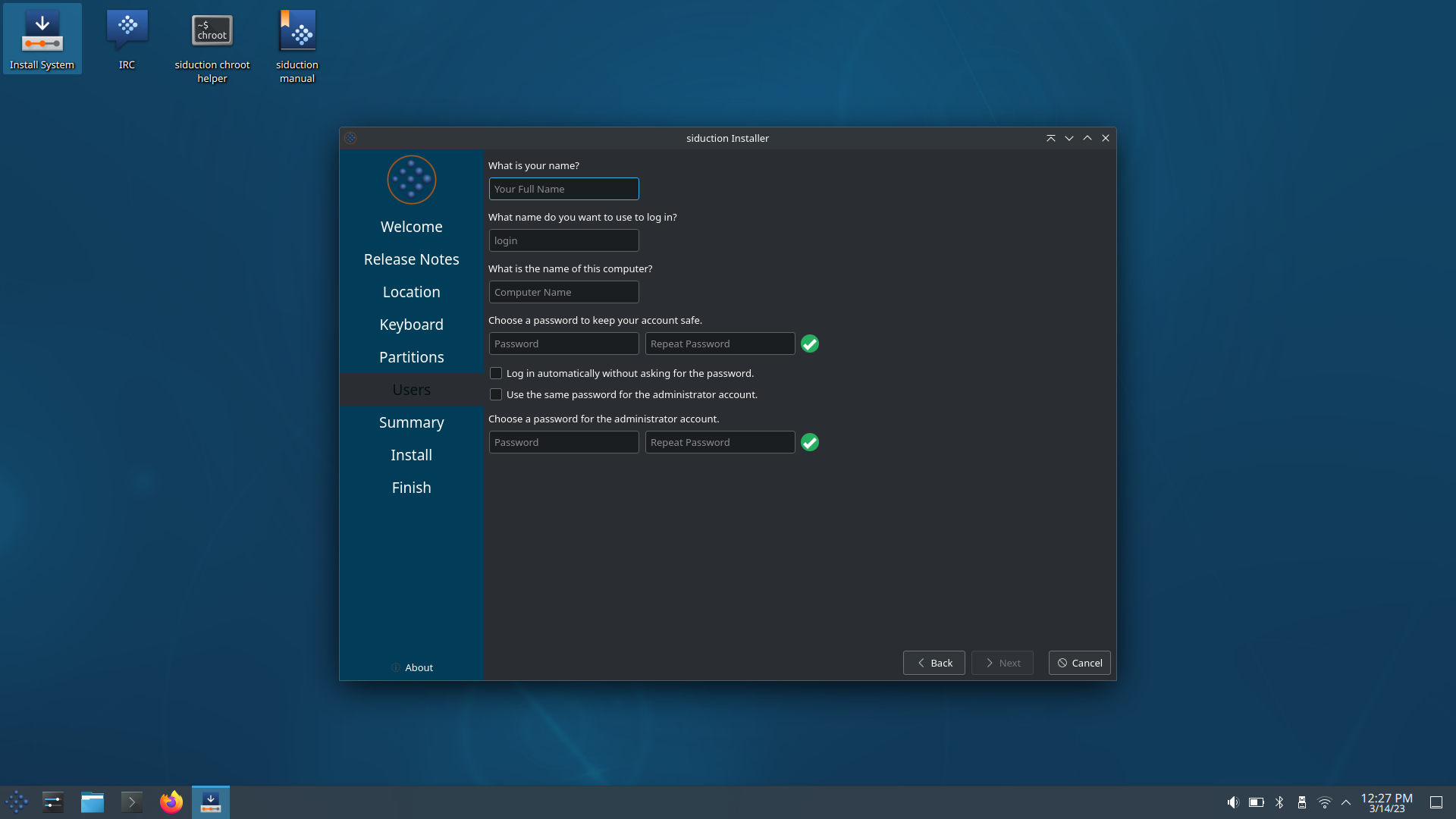 siduction desktop screenshot: 2022.1.1 installer