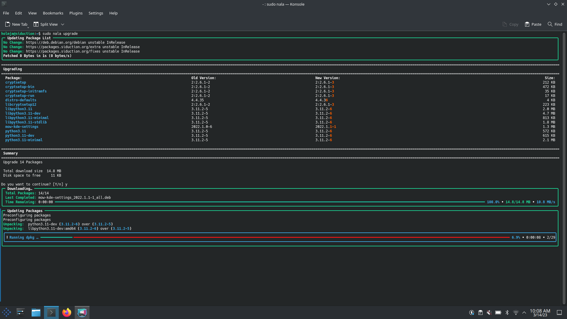 siduction desktop screenshot: 2022.1.1 upgrading packages with nala
