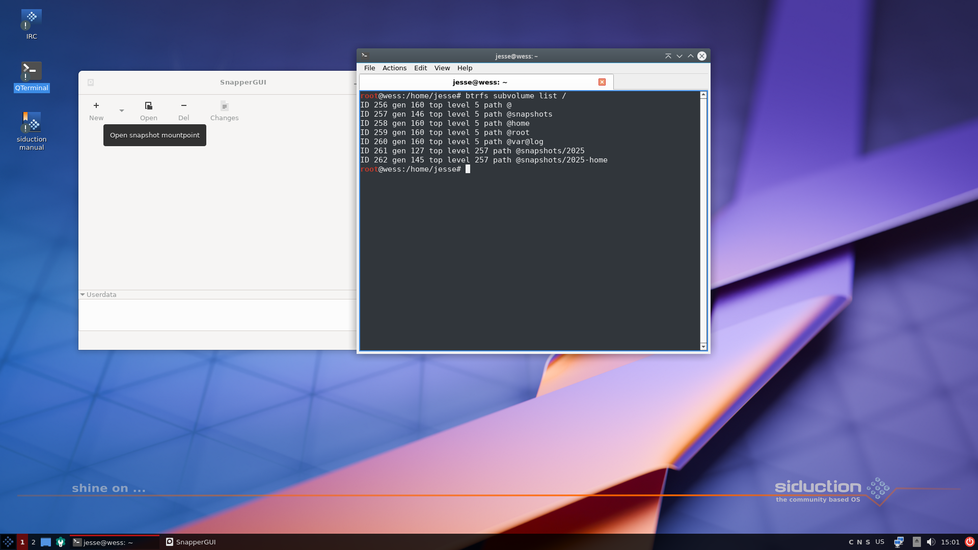 siduction desktop screenshot: 2024.1.0 btrfs