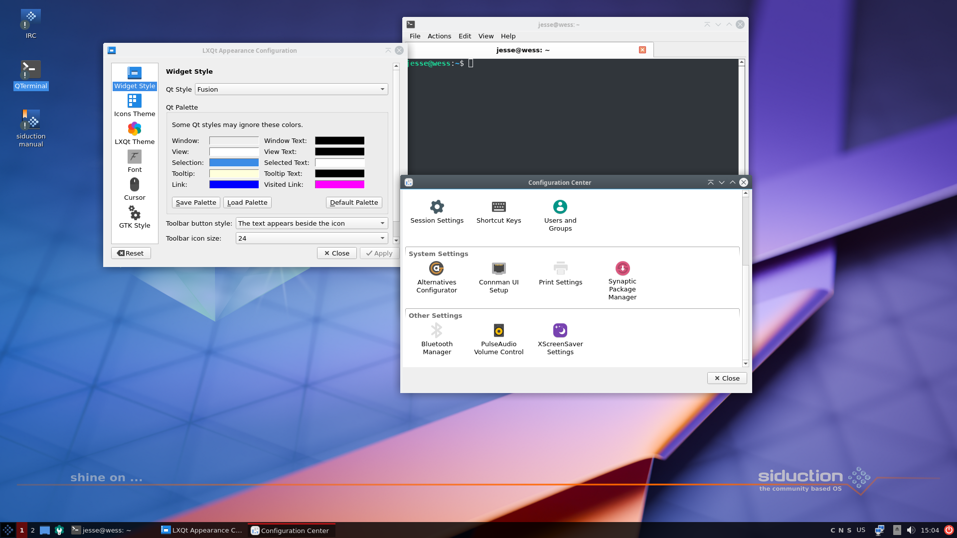 siduction desktop screenshot: 2024.1.0 settings