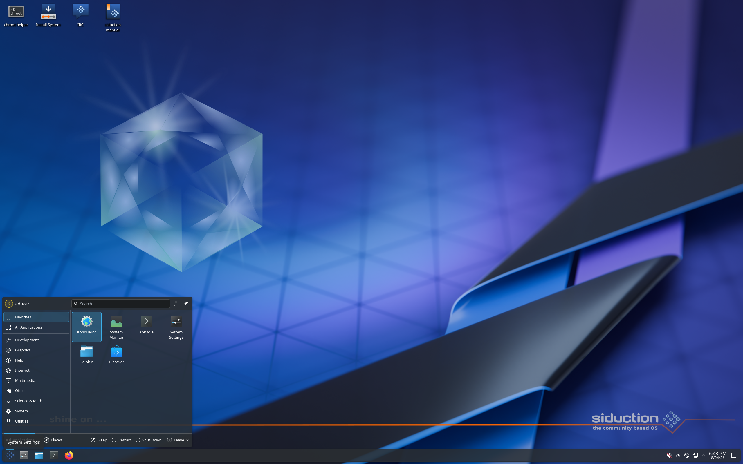 siduction desktop screenshot: 2025.1.0 kde