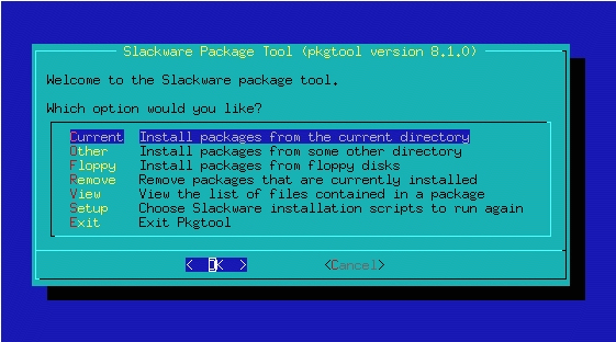 Slackware desktop screenshot: pkgtool