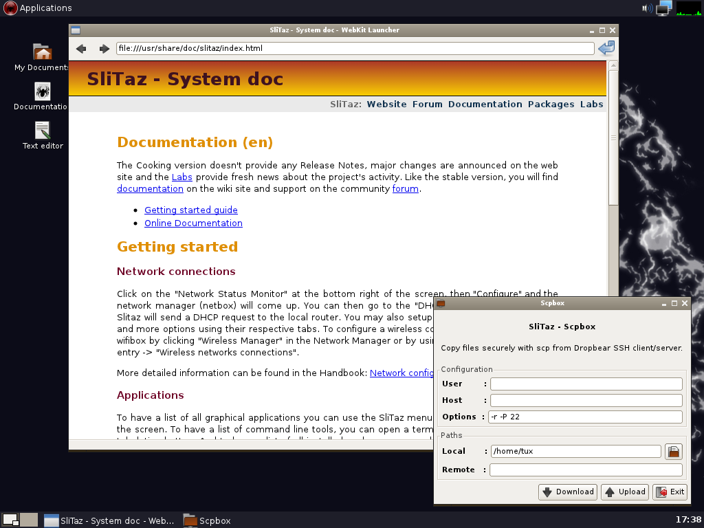 SliTaz desktop screenshot: cooking 20110329 doc