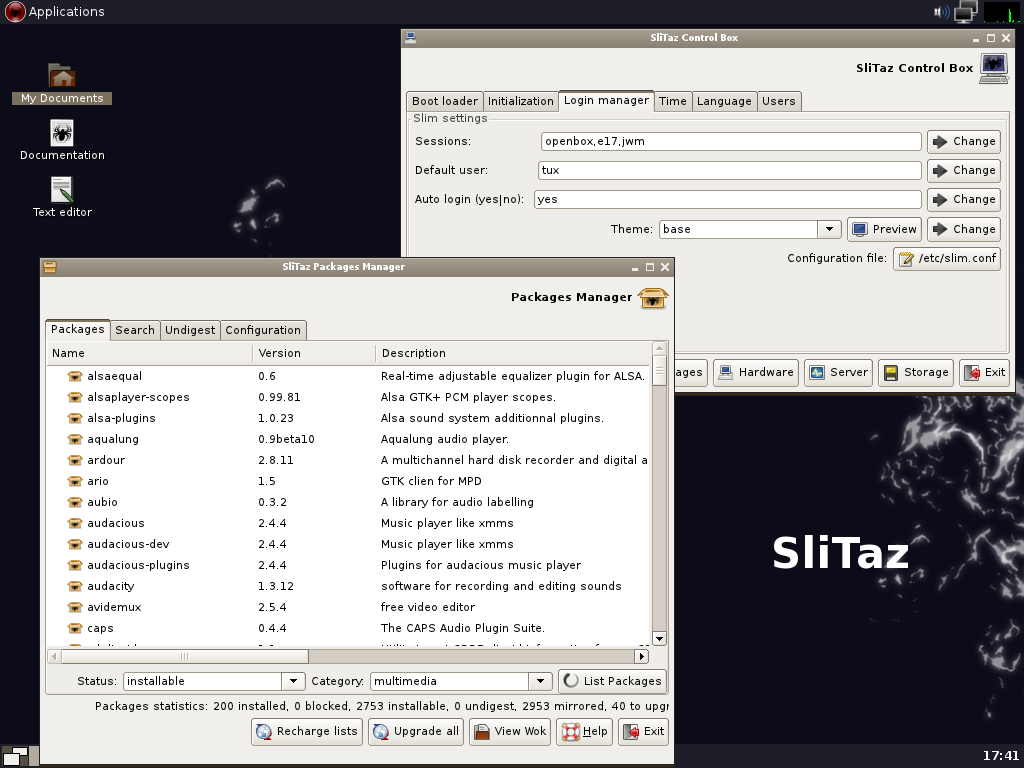 SliTaz desktop screenshot: cooking 20110329 packages