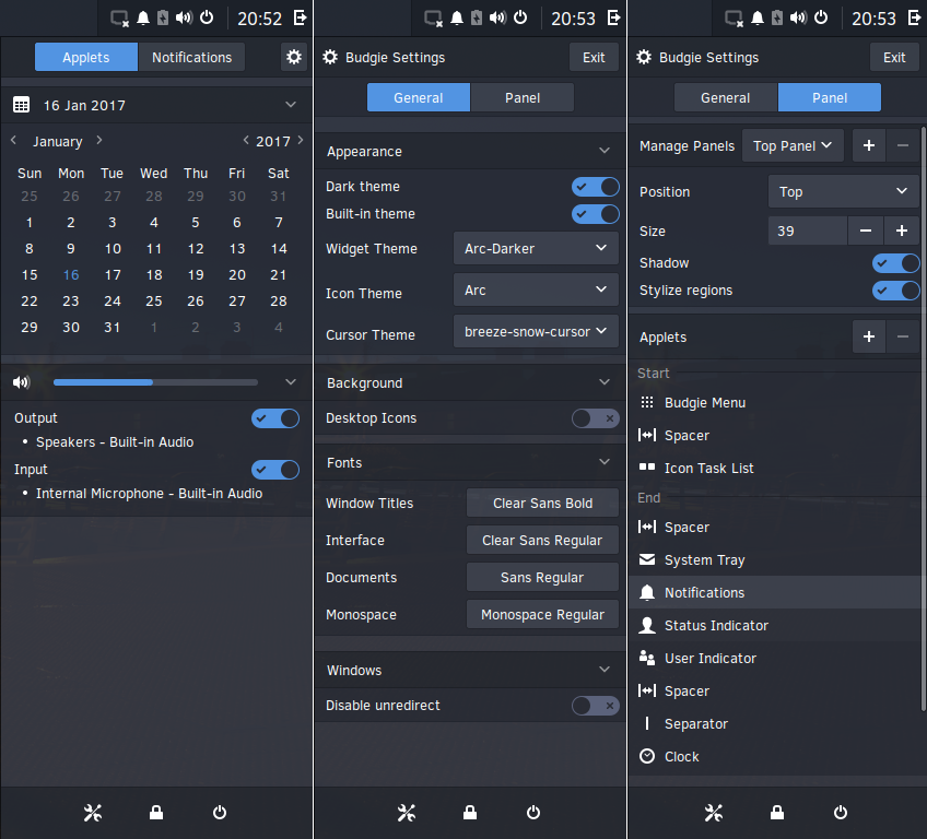 Solus desktop screenshot: 2017.01.01.0 settings
