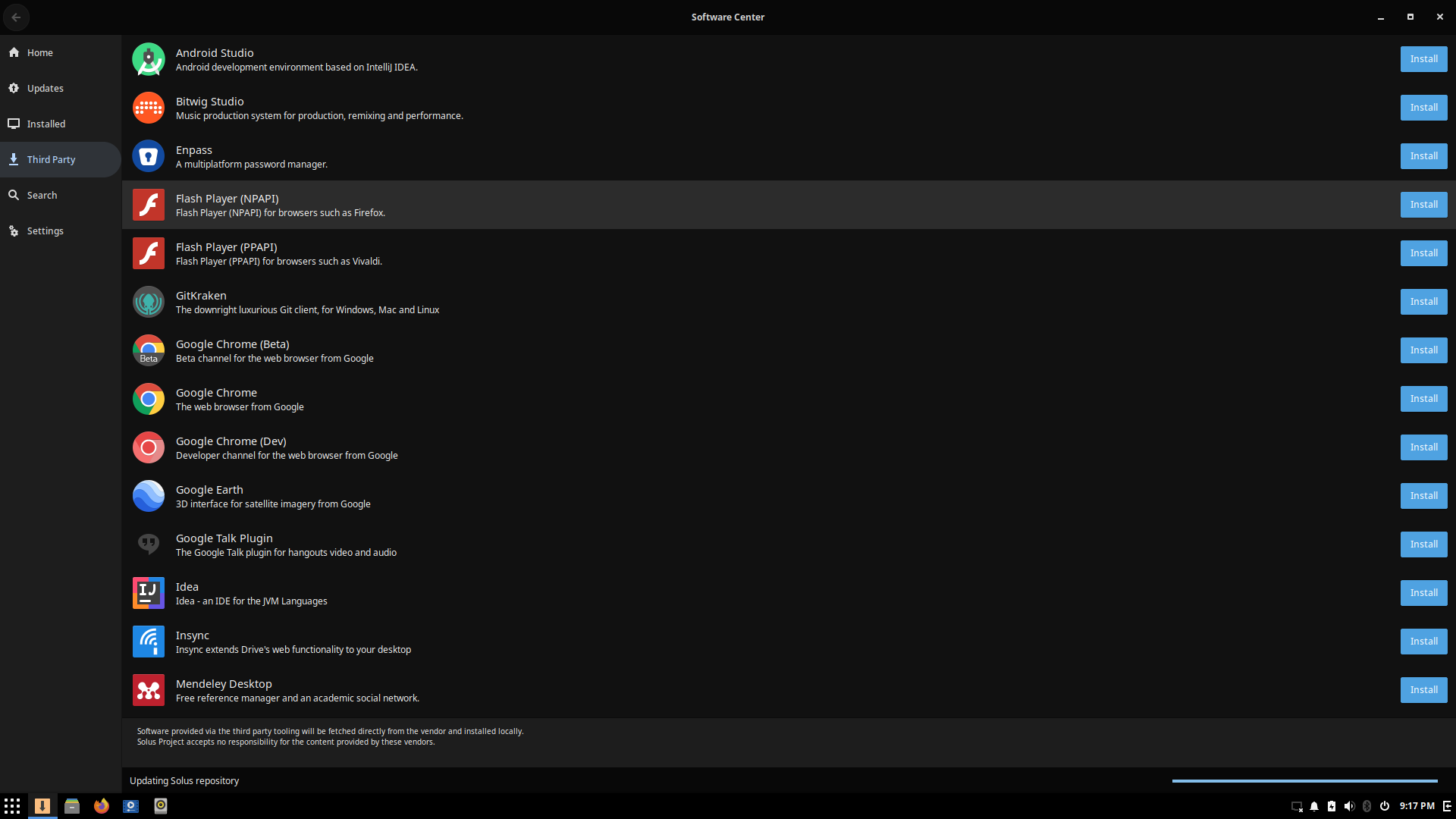 Solus desktop screenshot: 4.1 third party software in software center