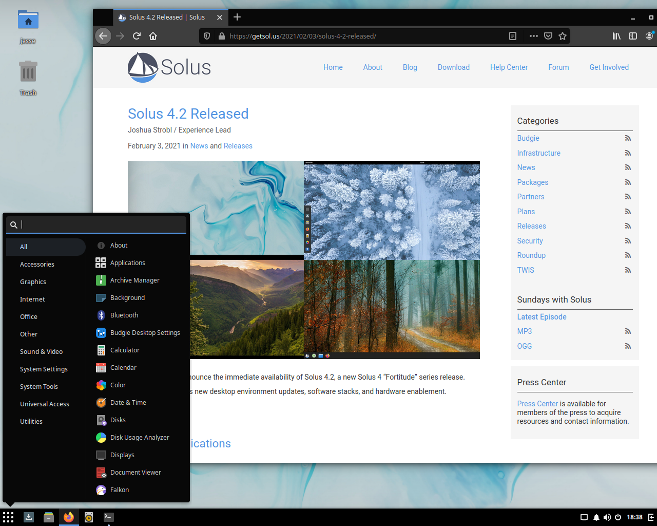 Solus desktop screenshot: 4.2 menu