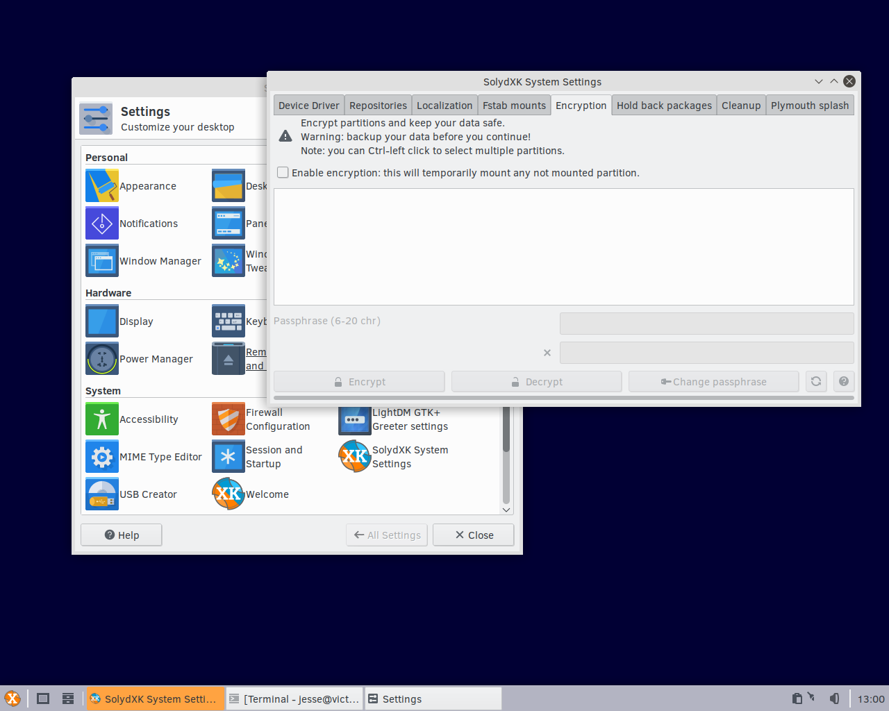 SolydXK desktop screenshot: 201902 more settings