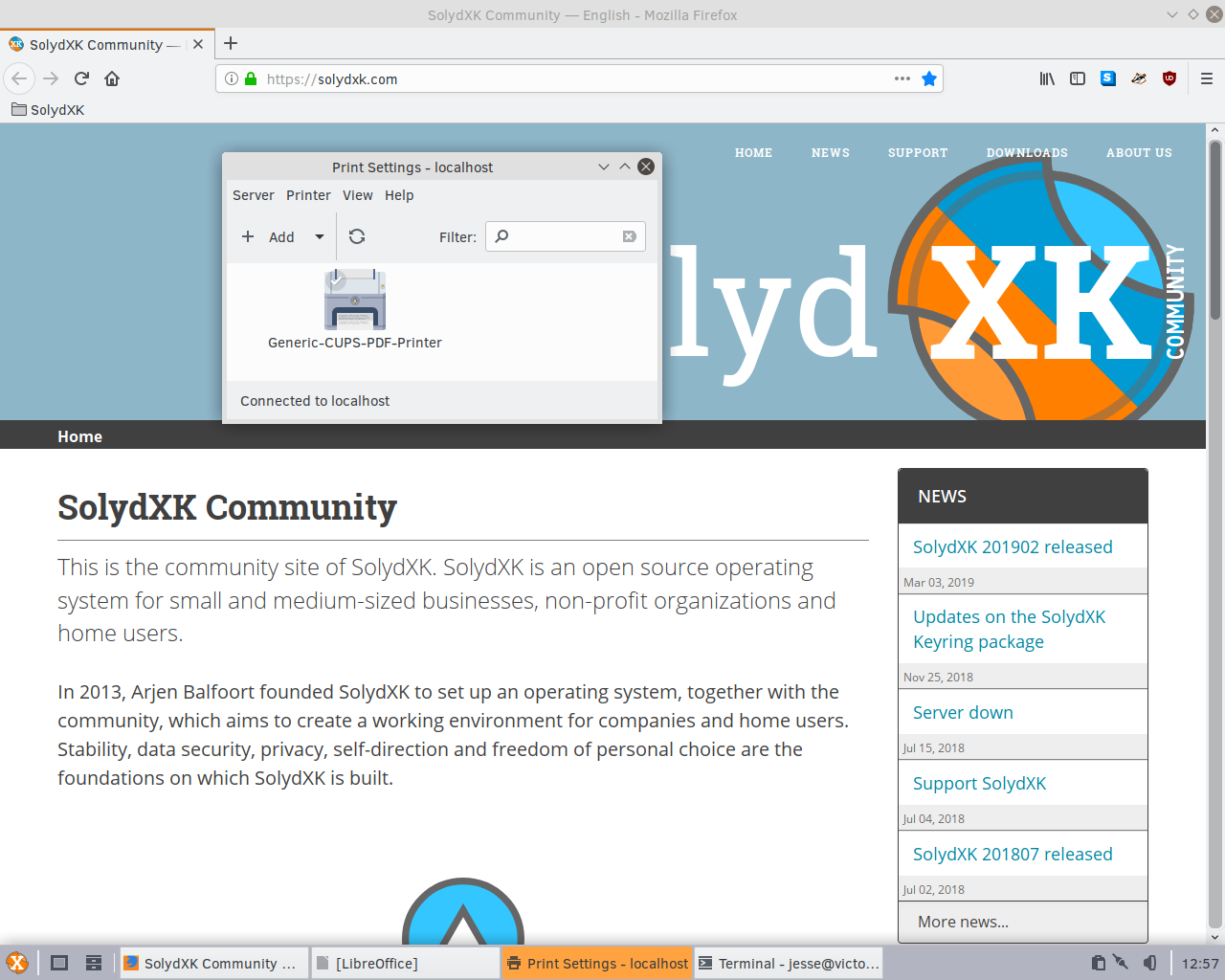 SolydXK desktop screenshot: 201902 printer