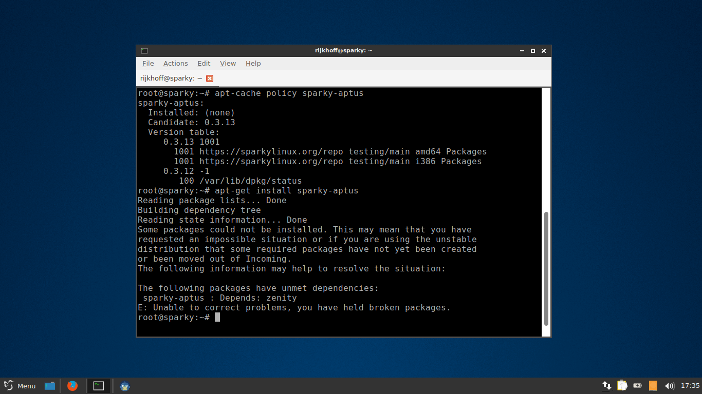 SparkyLinux desktop screenshot: 5.1 aptus dependency
