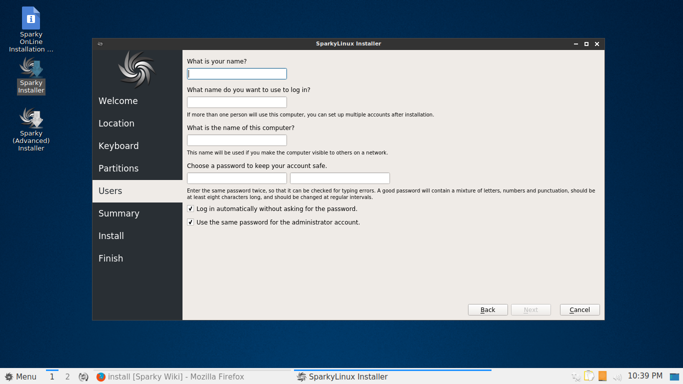 SparkyLinux desktop screenshot: 5.1 calamares users