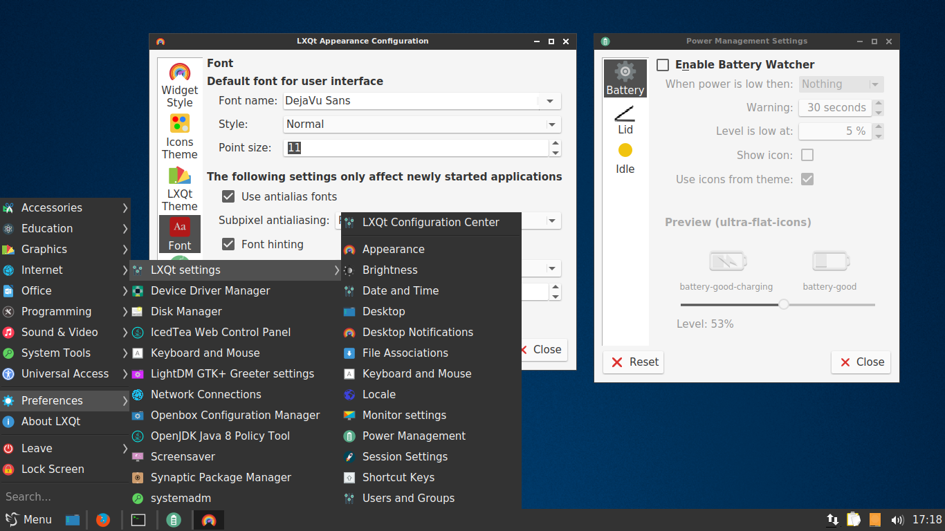 SparkyLinux desktop screenshot: 5.1 font and power