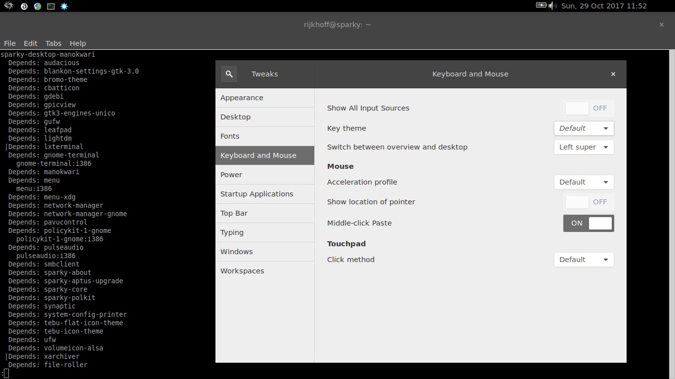 SparkyLinux desktop screenshot: 5.1 tweak tool