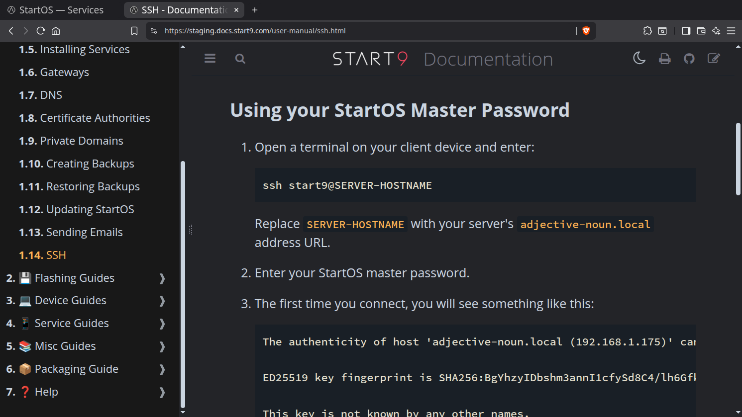 StartOS desktop screenshot: 0.4.0 alpha documentation