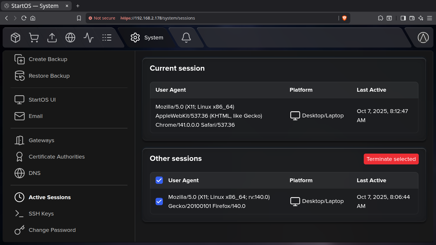 StartOS desktop screenshot: 0.4.0 alpha sessions