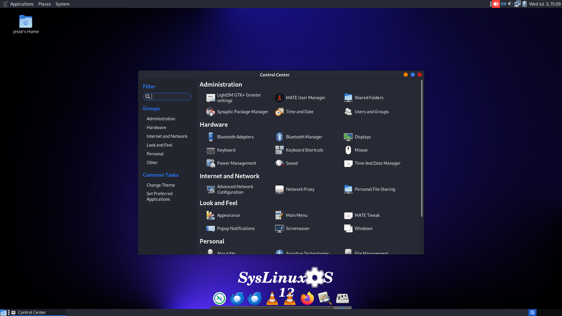 SysLinuxOS desktop screenshot: 12.4 settings