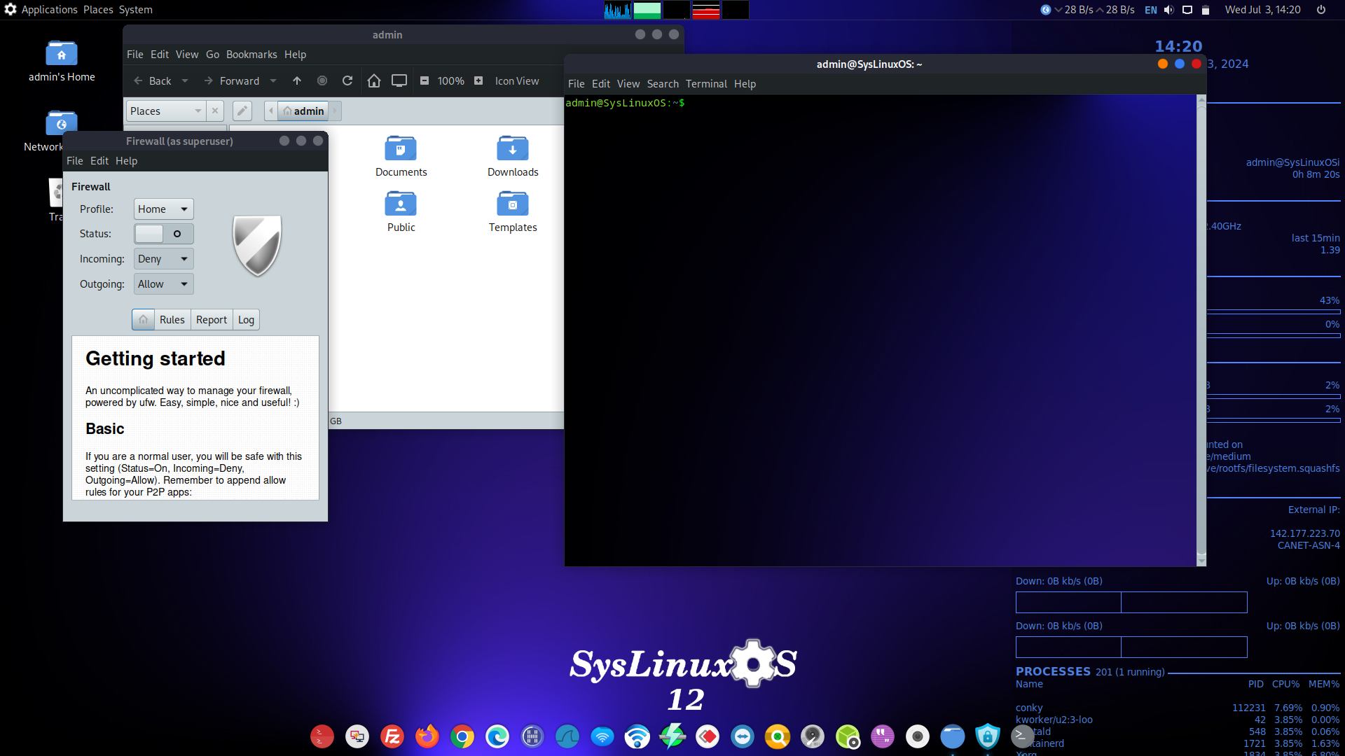 SysLinuxOS desktop screenshot: 12.4 ufw