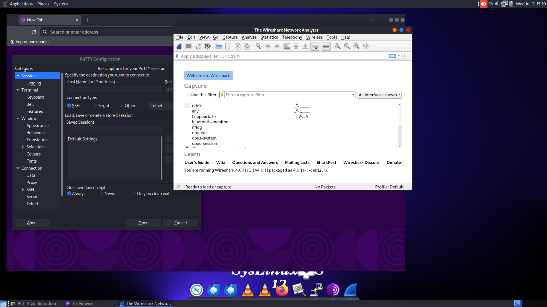 SysLinuxOS desktop screenshot: 12.4 wireshark tor